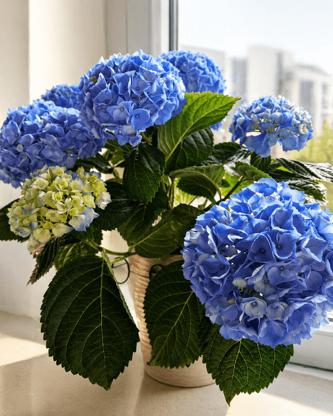 Blue hydrangea flowers on a bright windowsill